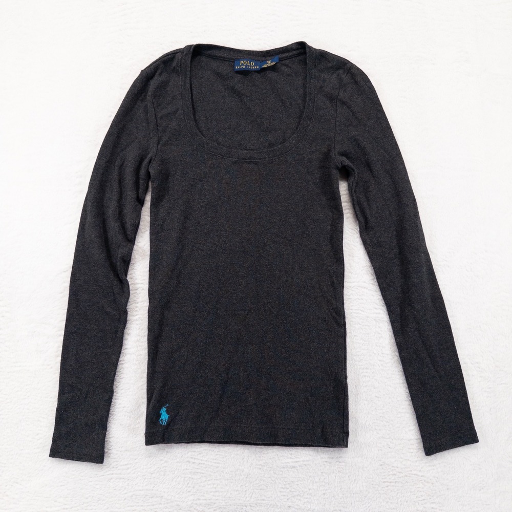 Polo Ralph Lauren Womens Top XS Gray Long Sleeve Scoop Neck Pony Logo Basic Tee